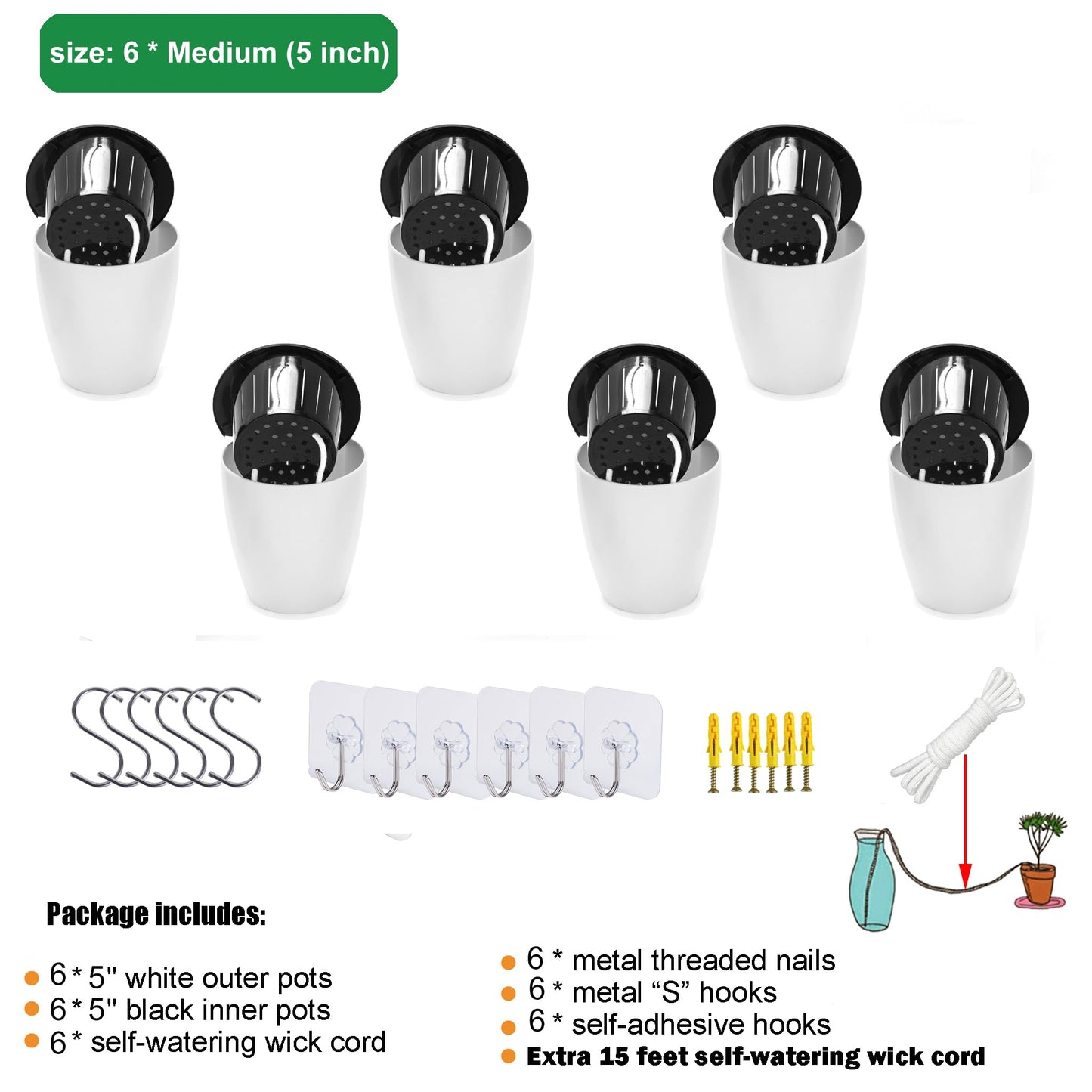 ORIMERC 6 Pack Hanging Planter Wall Planter Self Watering 5 inch Plant Pot with Hardware Vertical Planter Outdoor Indoor Plants Herb Garden Home Décor Kitchen Balcony Railing Shelf Fence (Medium)