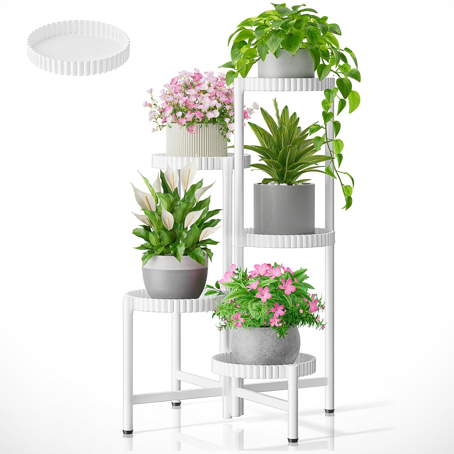 NQW 5 Tier Large Plant Stand Indoor with 7.9 Inch Wide Tray, Tiered Corner Metal Outdoor Flower Display Holder Shelf, Folding Tall Rack for Patio Porch Living Room Balcony - WhiteFloroma