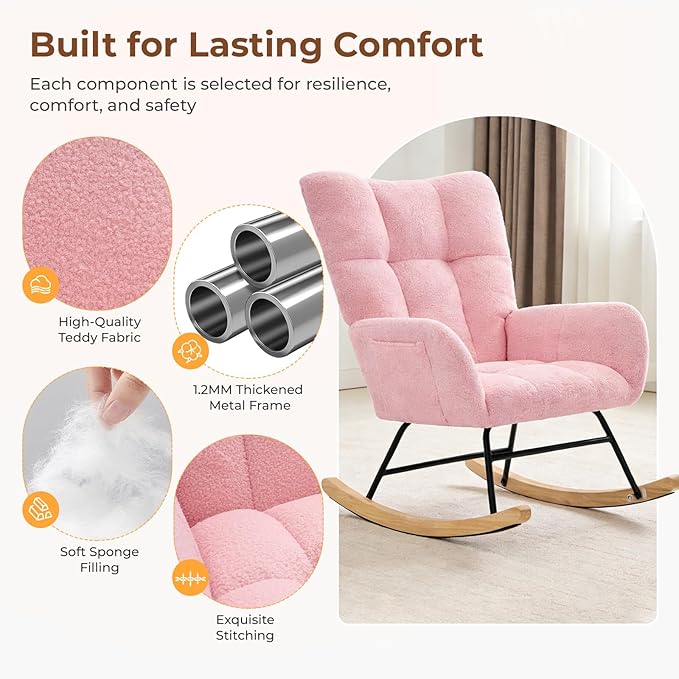 DUMOS Nursery Rocking Chair Teddy Upholstered, Comfy Glider Rocker