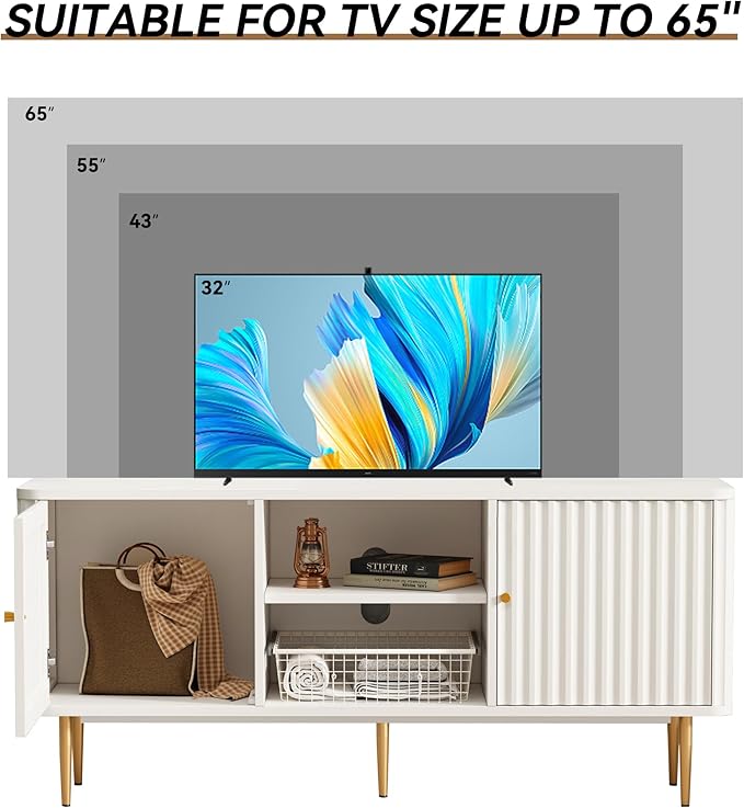 ARTPOWER 55” Fluted TV Stand, Mid Century Modern White TV Stand