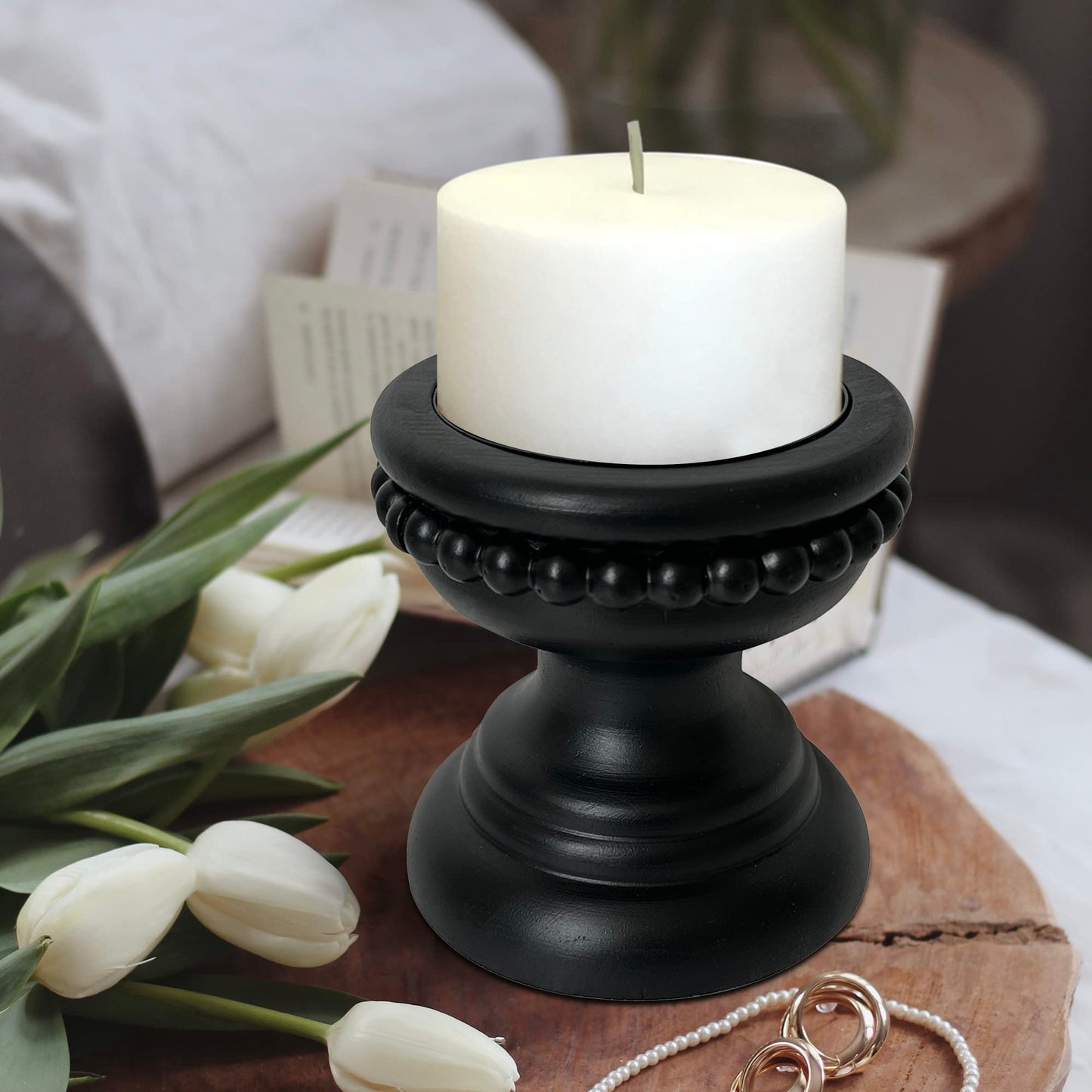 dwellington Farmhouse Rustic Wood Pillar Candle Holder, Decorative Beaded Candlestick Holder Stand for Home Décor, Gifts, Wedding (Black)