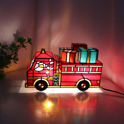 Bieye L12009 Tiffany Style Stained Glass Christmas Fire Truck Table Lamp with Santa, Reindeer, and Gifts, Handmade Holiday Decoration, 12" Wide
