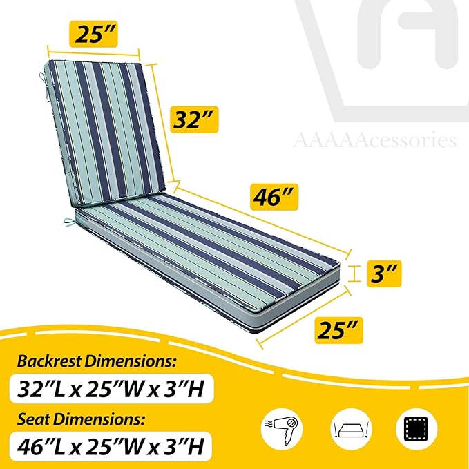 AAAAAcessories Outdoor Chaise Lounge Cushions, Fade-Resistant, Waterproof Patio