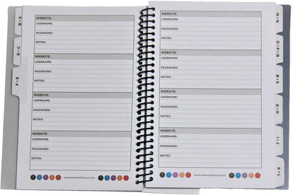 RE-FOCUS, Password Book Keeper, Small, Mini, Purple, Alphabetical Tabs, Spiral Bound, Removable Sheets, Journal Organizer, Includes Website, Address, Username, Password