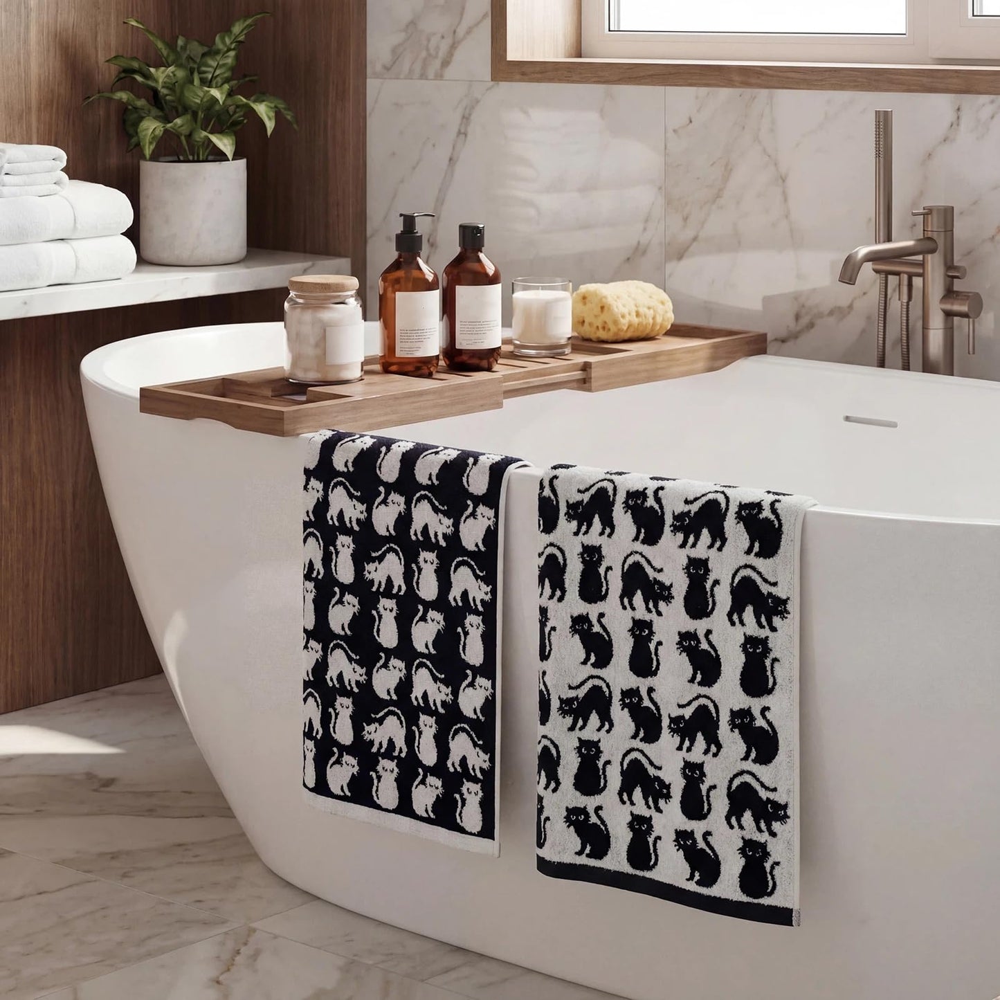 Breling 2 Pcs Cat Hand Towels Black White Cute Kitty Bathroom Towels 100% Cotton Highly Absorbent Soft Kitchen Dish Decorative Gifts for Cat Lovers Halloween Holiday Decorations, 13 x 29 Inch