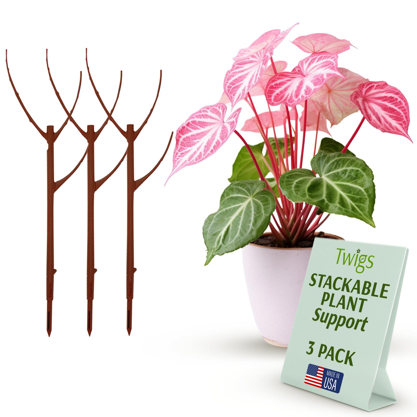 Twigs GA - Stackable Plant Support Stakes, Indoor & Outdoor Houseplant Stem Support, Garden Accessories, Durable Trellis Alternative for Climbing & Potted Plants - Begonia Red, 3 Pack, 17" L
