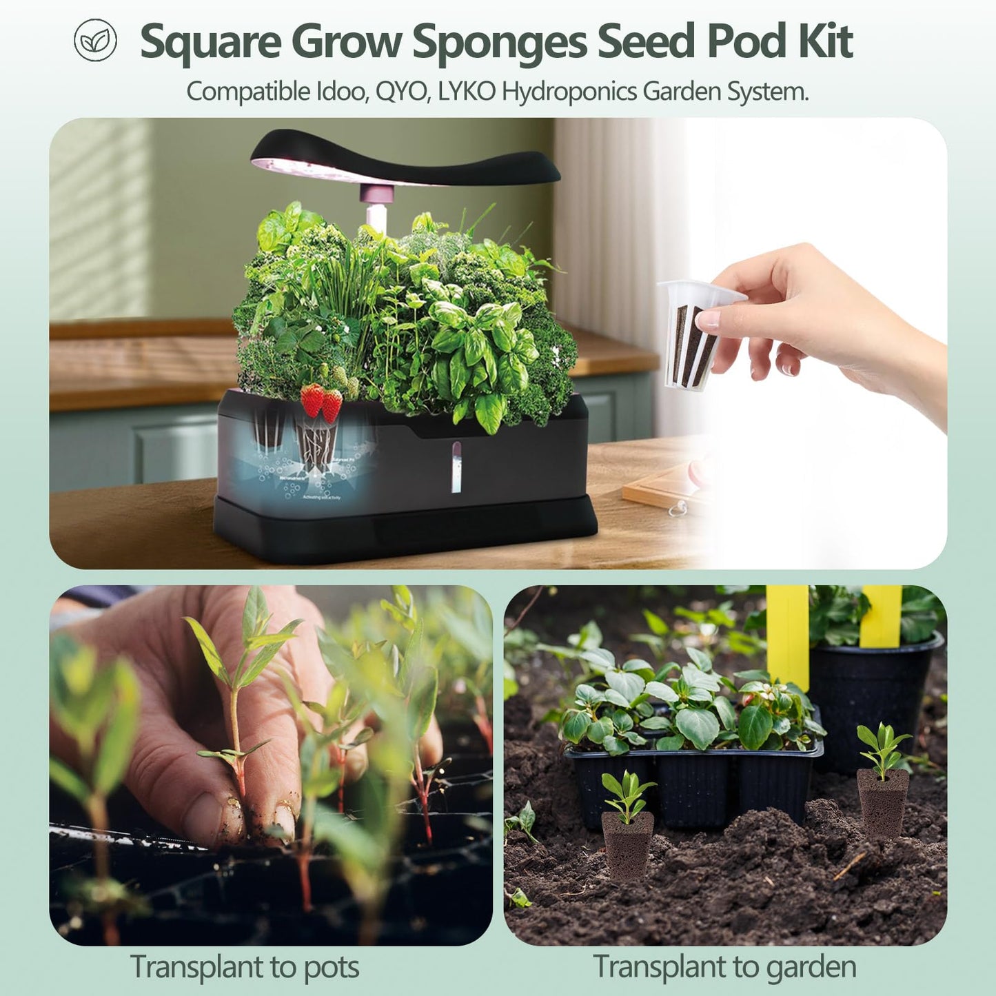 YBB 30 Set Hydroponic Seed Pods Kit, Square Growth Sponges Plant Seed Starter Pods Kit, Including 30 Sponges, 30 Baskets, 30 Grow Domes, 30 Stickers, Compatible with IDOO, QYO, LYKO Hydroponics