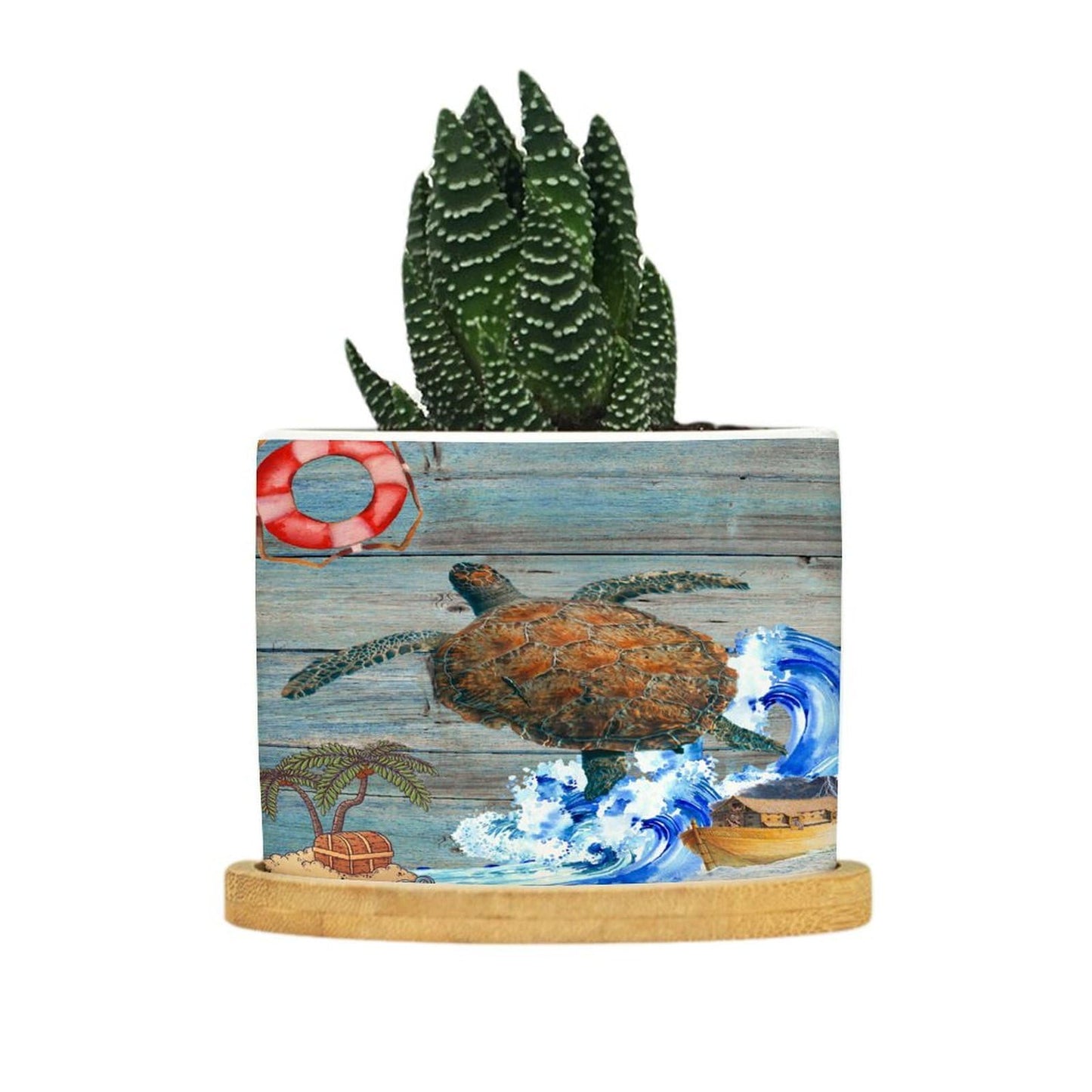 DreamAutumn Ocean Theme Sea Turtle Ceramic Pots for Plants with Drainage Holes Round Flower Pot Bamboo Tray Orchid Pot Succulents Pots for Outdoor Indoor Plants,Housewarming Gifts