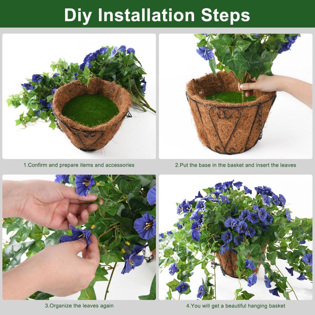 Homsunny Artificial Vine Silk Petunia Flowers, Fake Hanging Plant in Basket, Coconut Lining Pot Porch Decoration for Patio Lawn Garden Spring Summer Decor(Blue)