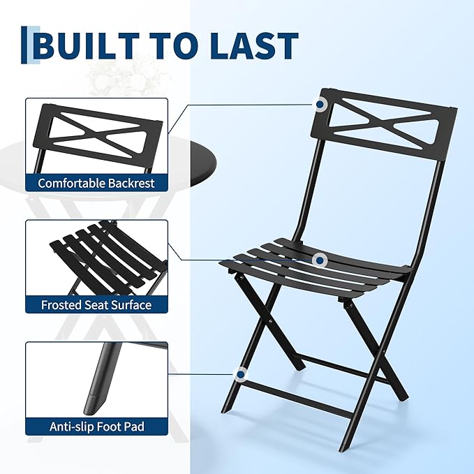 GarveeTech 3-Piece Folding Bistro Set, Heavy Duty Outdoor Patio Furniture