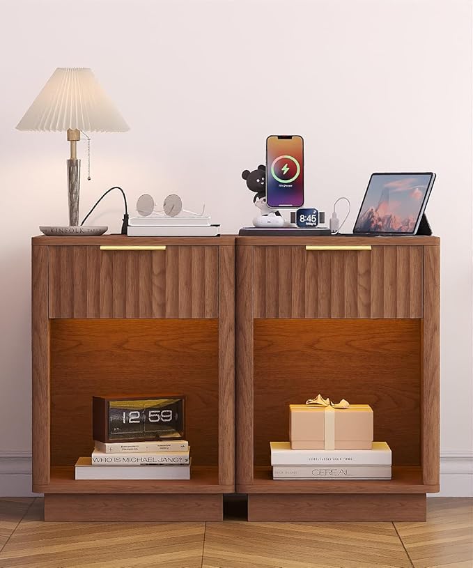 Akxomel Fluted Nightstands Set of 2, Wooden Night Stand