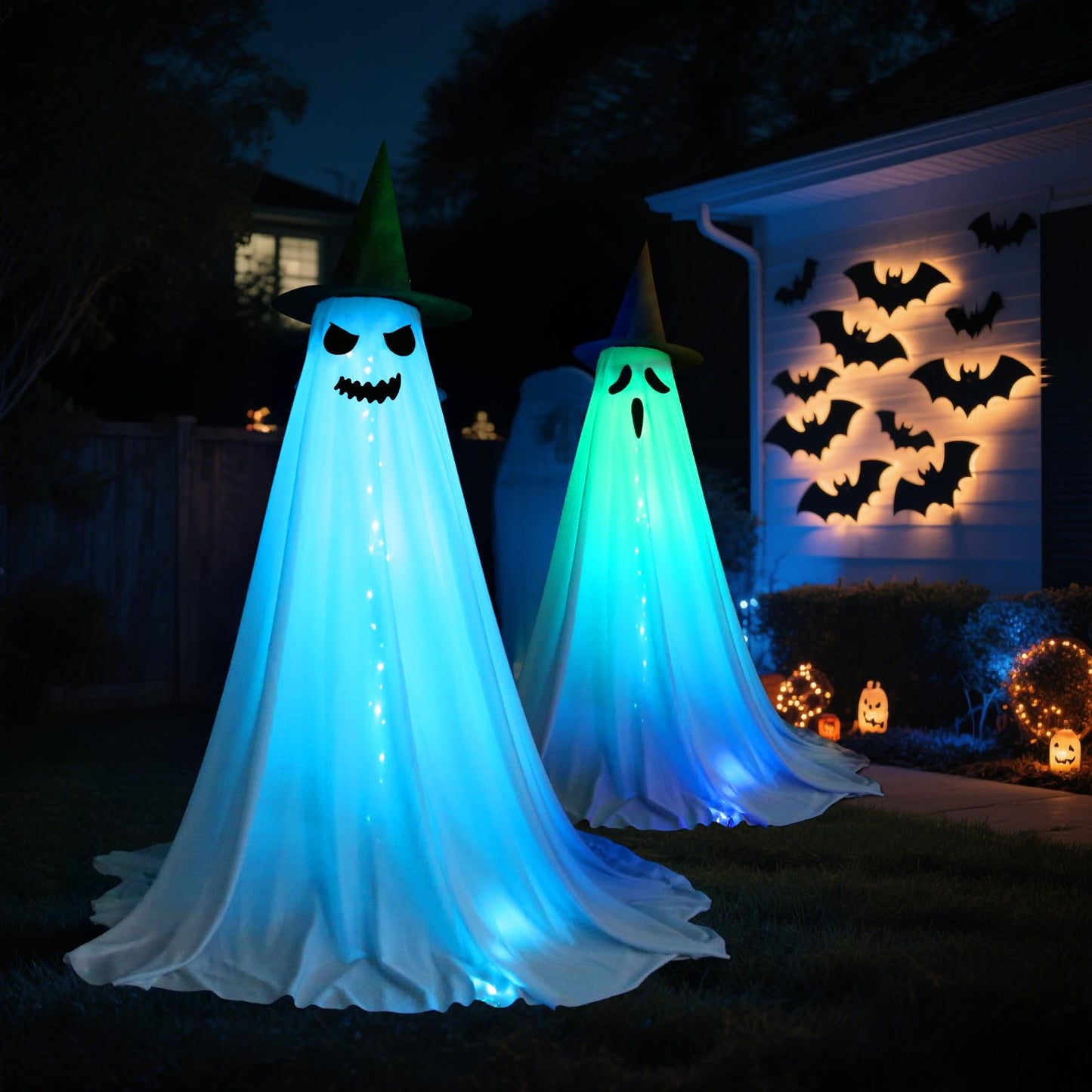 VZQI Halloween Ghost Decorations with LED Lights 2-Pack Indoor Outdoor Spooky Witch Hat Decor for Front Porch Yard Garden