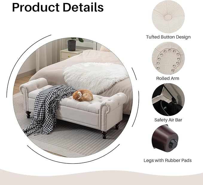 SOFTHION 58.1" Storage Bench Upholstered Linen End of Bedroom Bed Bench Ottoman