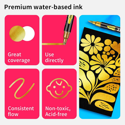 NAWOD 3 Gold Acrylic Paint Pens Markers, Dual Tip (Dot Tip + Brush Tip), for Rock Painting Fabric Canvas Glass Wood Ceramic Paper Eggs, Fabric Marker Ideal for Labeling DIY Crafts Art Projects