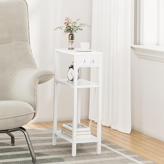 TUTOTAK Narrow Side Table with Charging Station, Small End Table with USB Ports