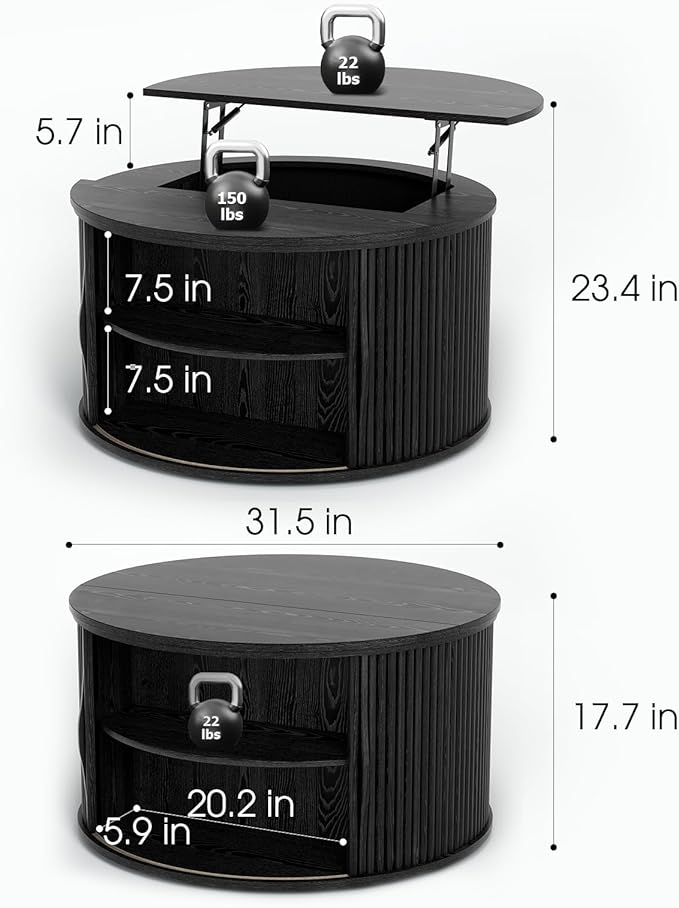 JOINICE 31.5" Black Round Lift Top Coffee Table, Modern Fluted Drum Center Table