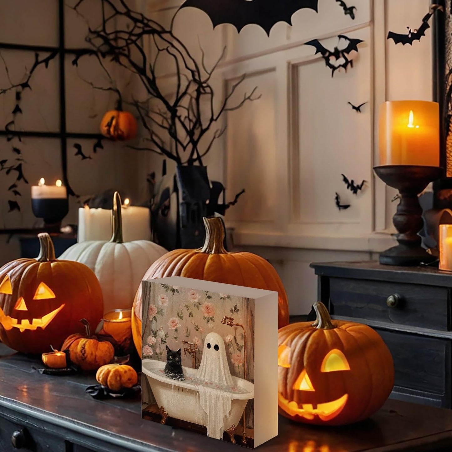 Mtrgdn Cute Halloween Decor,Halloween Decorations Indoor,Ghost with Black Cat Bathroom Decor Wooden Box Sign,Halloween Home Office Kitchen Bathroom Bedroom Desk Table Shelf Wall Decorations,5x5 Inch
