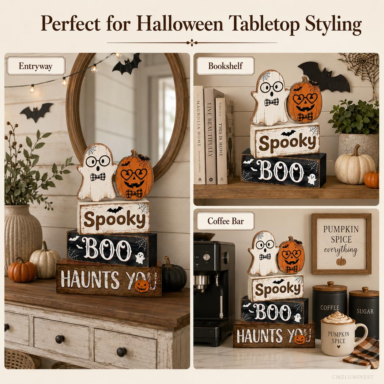 4 Pcs Halloween Decorations, Wooden Ghost and Pumpkin Block Signs Featuring Glasses Design, Farmhouse Cute Halloween Tiered Tray Decor, Spooky Boo Haunts You Table Centerpiece for Home Office Mantel Kitchen Shelf