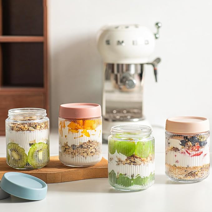 INSETLAN 16oz Glass Overnight Oats Containers with Lids – 6 Pack, Ribbed Glass Mason Jars for Meal Prep, Glass Food Storage Containers for Chia Pudding, Yogurt, Snacks, Fruit & Vegetables, Milk