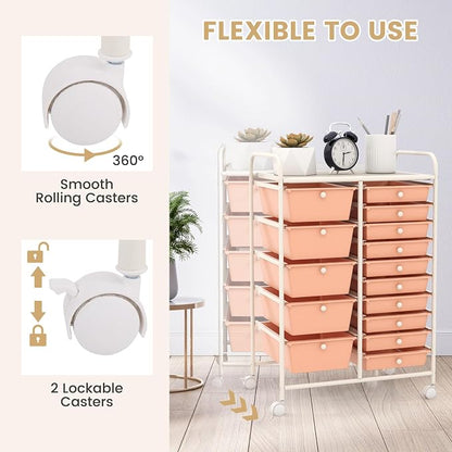 GOFLAME 15-Drawer Rolling Storage Cart, Craft Storage Cart with Removable Drawers & Lockable Wheels, Art Cart Supply Storage Organizer for Home Office Classroom, Peach Fuzz