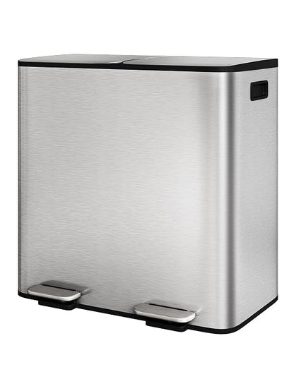 GarveeHome 2 x 10.6 gal Stainless Steel Double Trash Can with Lid for Kitchen, Large Dual Trash and Recycle Bin Combo, Step-on Kitchen Metal Garbage Cans, PP Inner Buckets, Liner Rim, Silver