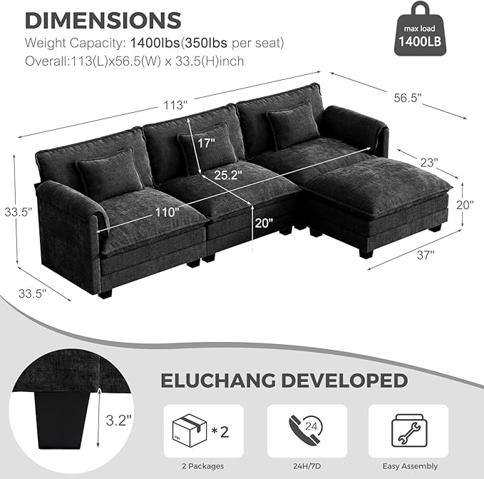 ELUCHANG Oversized 113" Modular Sectional Sofa, Comfy Cloud Couch, L Shaped