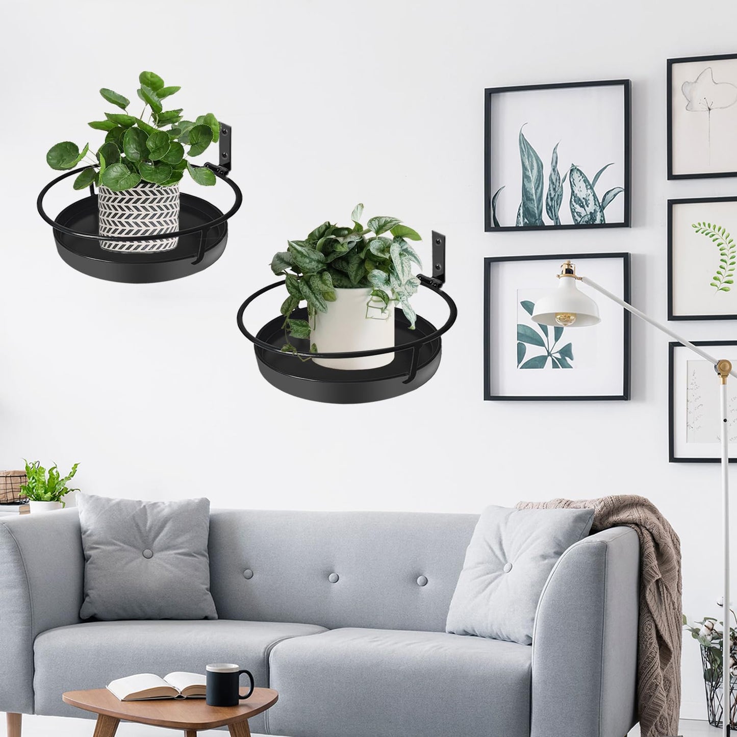 Wall Mounted Plant Holder, 2 Pack Metal Flower Pot Wall Shelf Indoor Outdoor, Decorative Floating Shelves Hanging Plant Holder for Patio Balcony Porch Bedroom Home Decor, Black