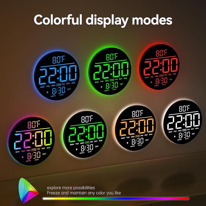 JALL 10" Large Digital Wall Clock with Remote, RGB Color, Big LED Display, Alarm Countdown Timer, DST, Temperature, Decor for Bedroom Living Room Gym Gaming Room, Easy to Read Clock for Seniors