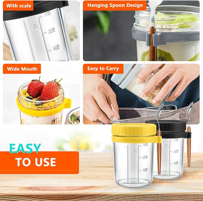 Overnight Oats Container - Yogurt Oatmeal Glass Canning with Lids and Spoon, 10 oz Cereals, Milk, Fruit Salad, with Measurement Marks (grey)
