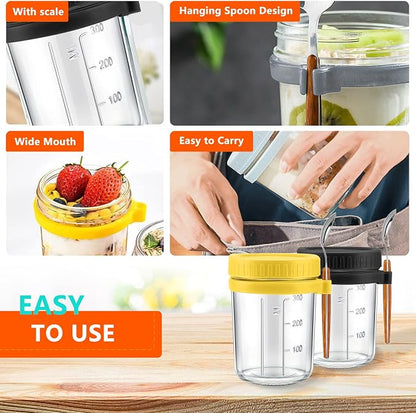 Overnight Oats Container - Yogurt Oatmeal Glass Canning with Lids and Spoon, 10 oz Cereals, Milk, Fruit Salad, with Measurement Marks (grey)