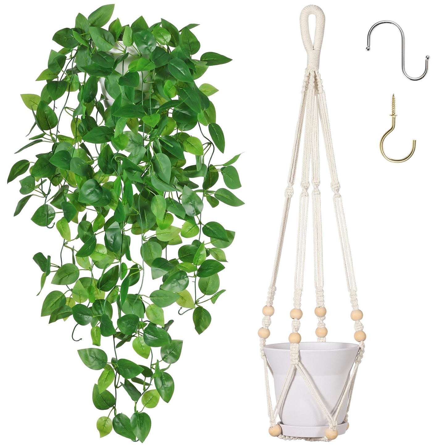 KTGOW Artificial Hanging Plants with Boho Macrame Plant Hanger - Fake Ivy Vines in Pot for Wall, Bedroom Home Faux Greenery for Indoor Outdoor Decor (1 Pack)