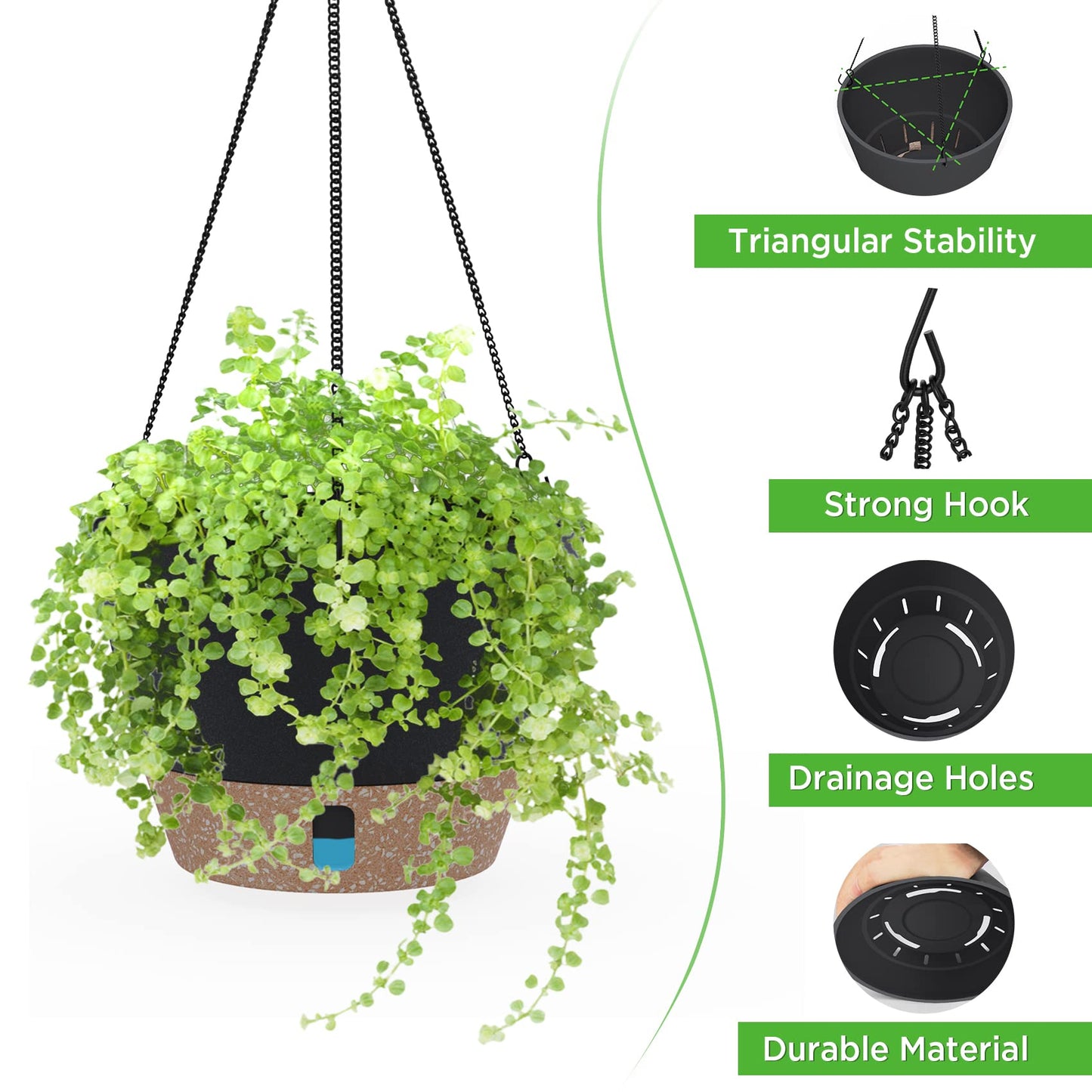 SOSMAR 2 Pack Hanging Planters, 10 Inch Hanging Pots with Visible Water Level, 6 Pcs Hooks, Decorative Flower Pot Holder with Drainage for Indoor Outdoor Use
