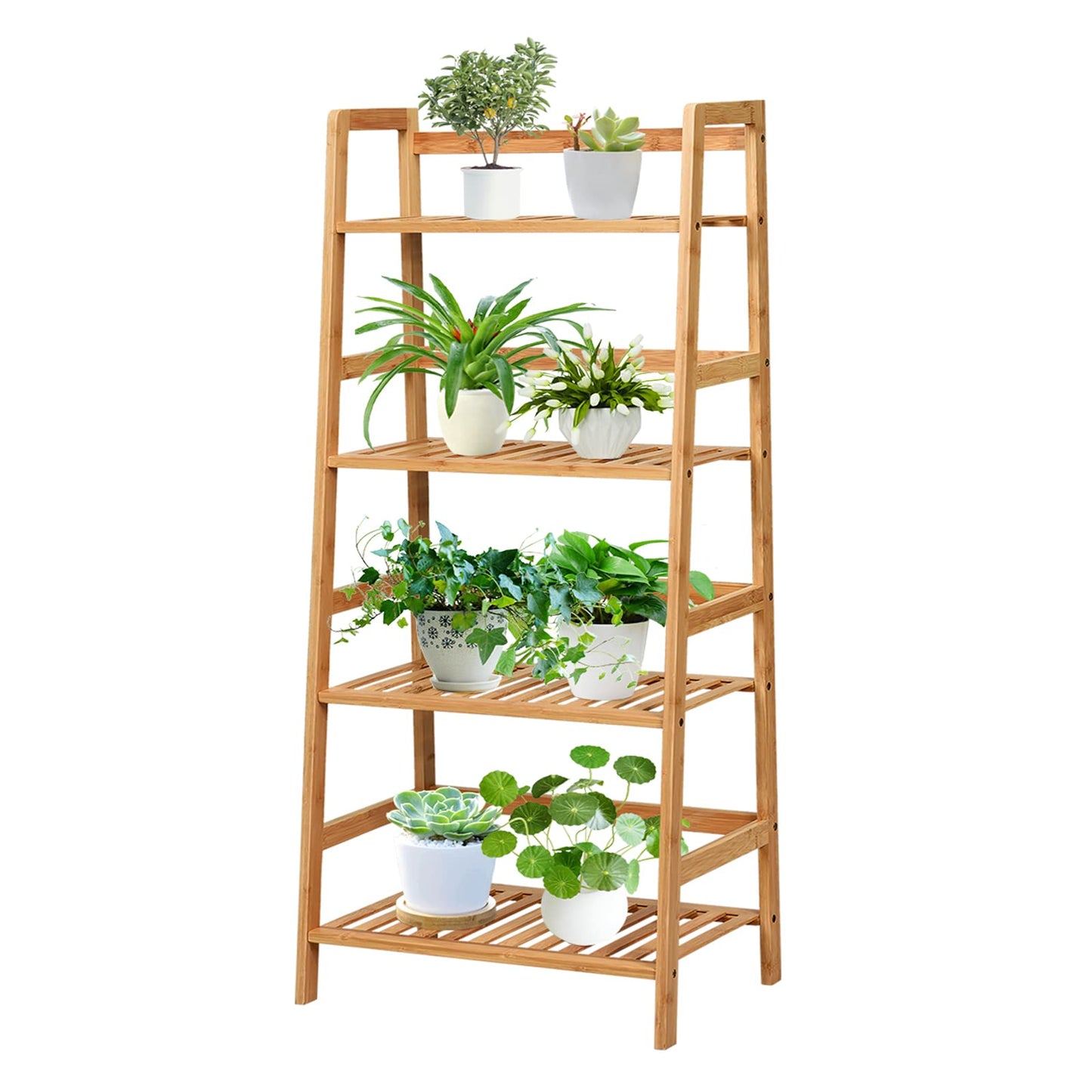 COSTWAY 4-tier Ladder Shelf, Bamboo Plant Stand Rack, Freestanding Bookshelf, Multifunctional Storage Shelves, Flower Stand Rack Holder for Garden, Balcony, Living Room, Bedroom (Natural)