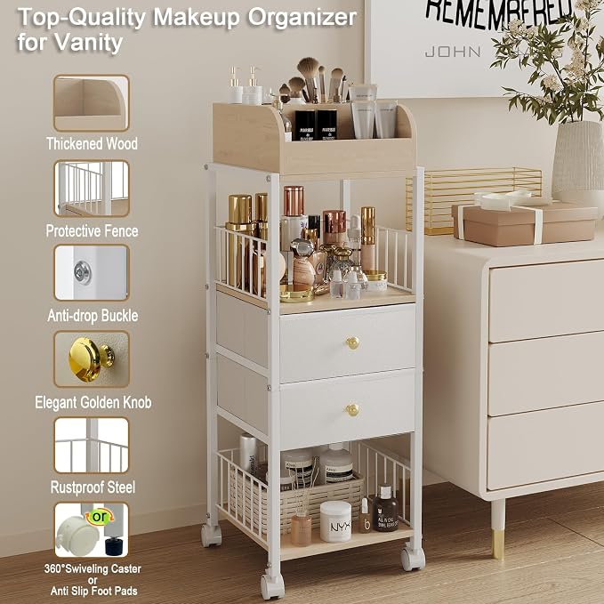 Floor Makeup Organizer Storage Cart - Rolling Makeup Cart with Drawers, Skincare Make Up Organizers and Storage, Cosmetics Display Cases Holder for Skin Care Nail Polish Perfume Makeup Brush (White)
