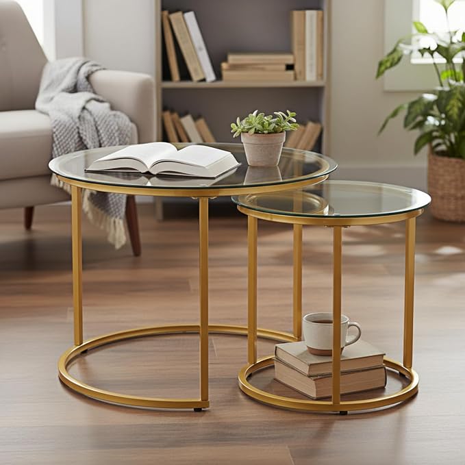 Round Nesting Coffee Table Set of 2, Modern Glass Nesting Tables, Stacking Minimalist End Table for Living Room Bedroom Small Space, Clear Tempered Glass and Gold