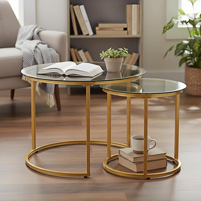 Round Nesting Coffee Table Set of 2, Modern Glass Nesting Tables, Stacking