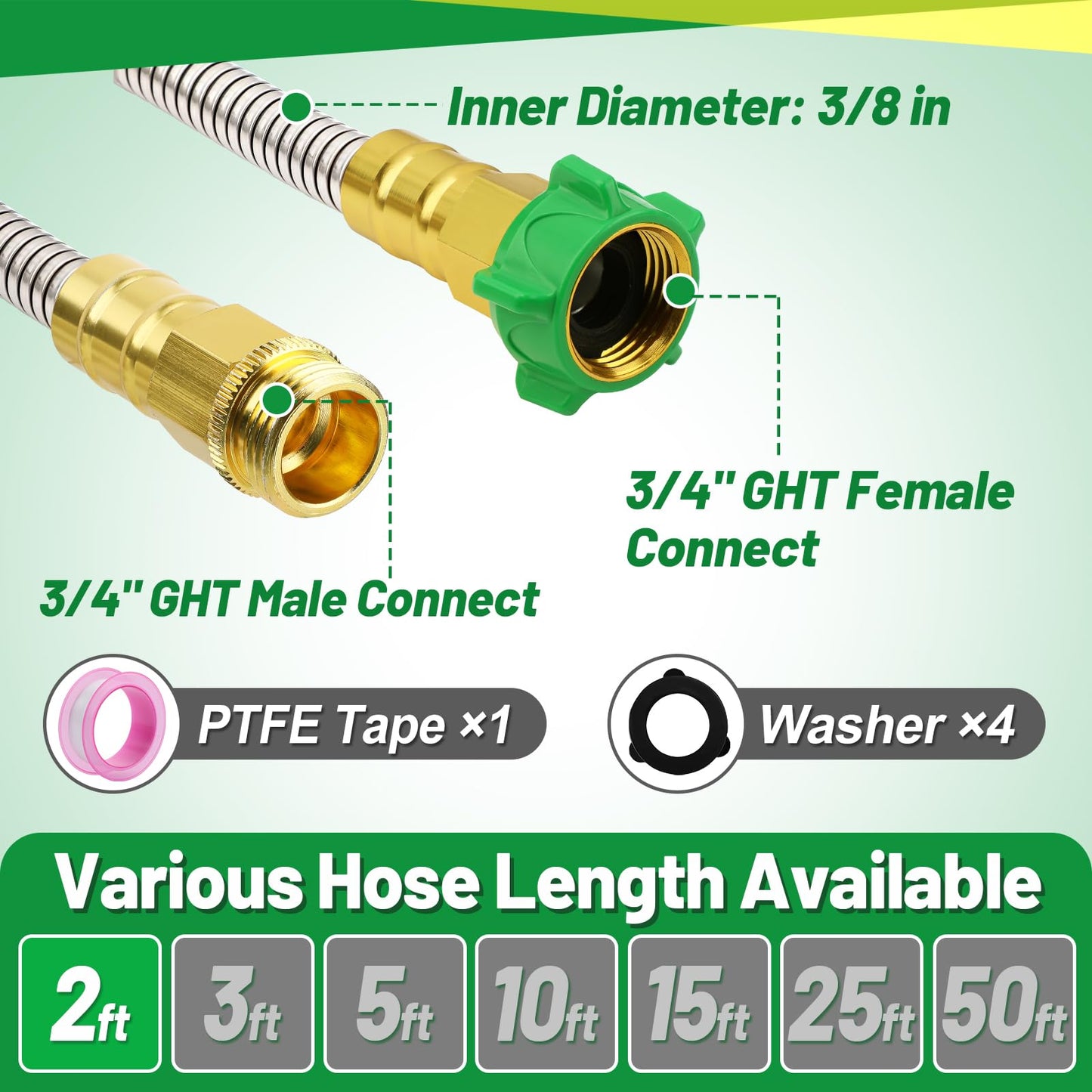 Short Garden Hose with Male to Female Connector - 2ft Metal Leakproof Leader Hose for Reel, Heavy Duty 304 Stainless Steel Flexible Water Pipe for Outdoor Watering Car Pet Cleaning