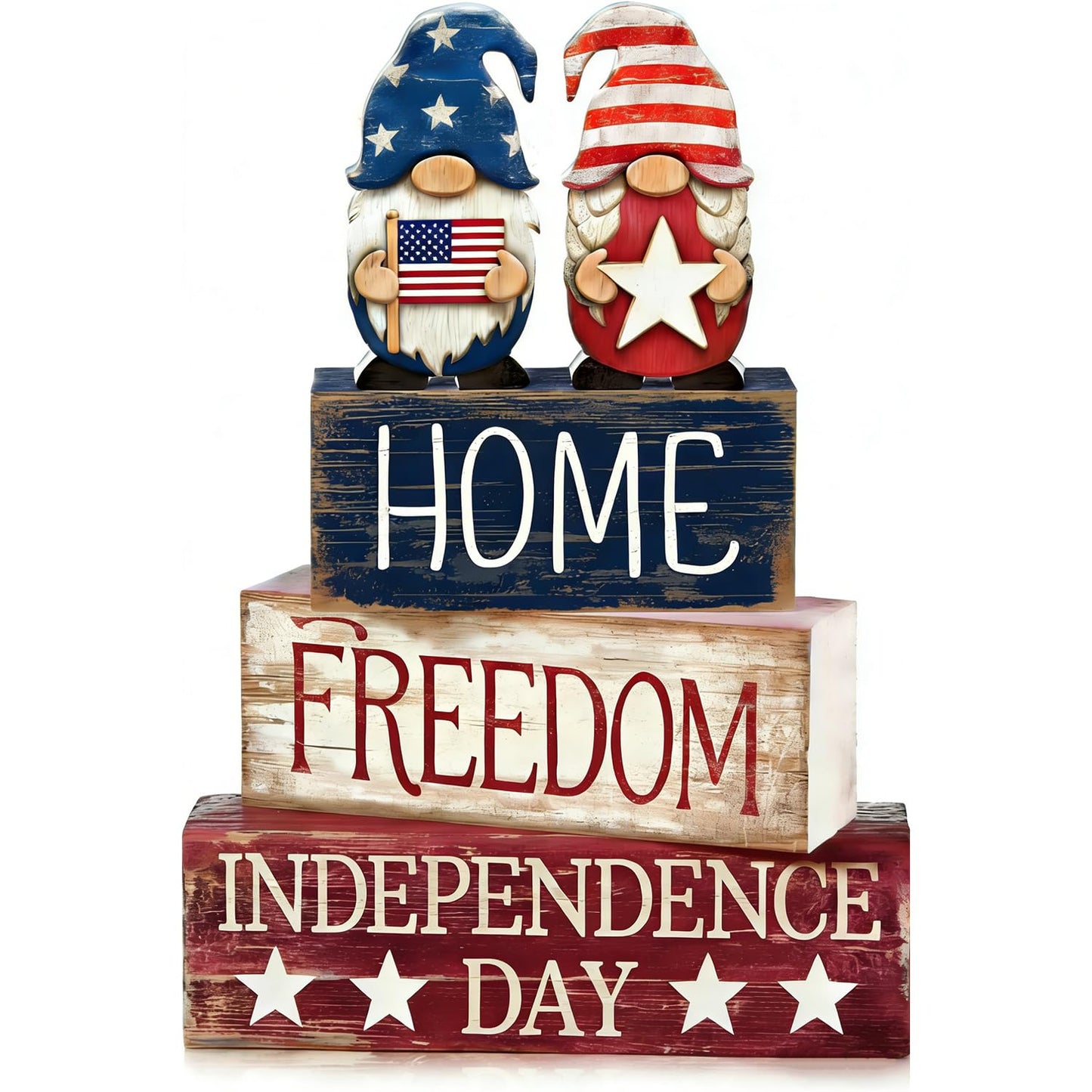 4th of July Table Decorations Patriotic Memorial Day Tiered Tray Decor Wooden Gnome Block Signs Independence Farmhouse 250th July Fouth Centerpiece for Tables Wooden Sign for Home Decor