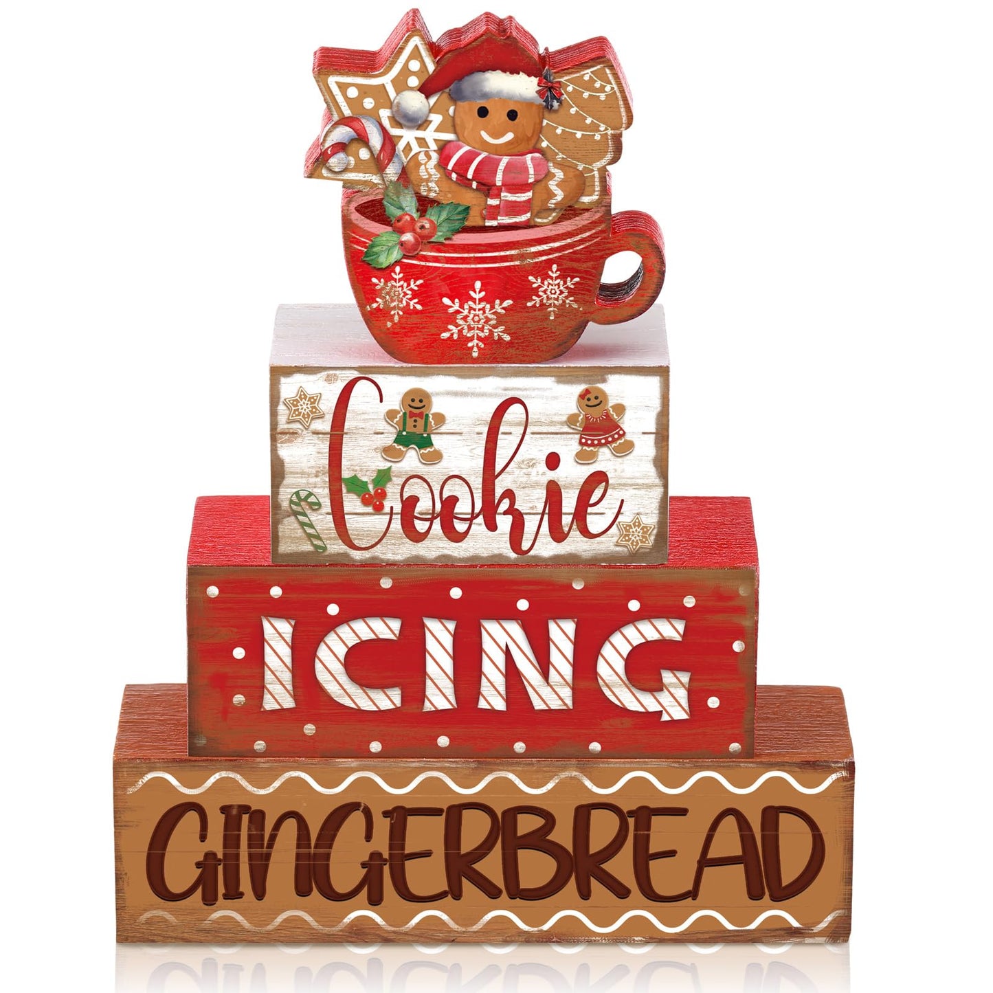 Moucuny 4 Pcs Christmas Gingerbread Man Table Sign Christmas Cup Wooden Decorative Signage Xmas tiered Tray Decor Winter Centerpieces Farmhouse Wooden Block Set Xmas Table Sign for Home