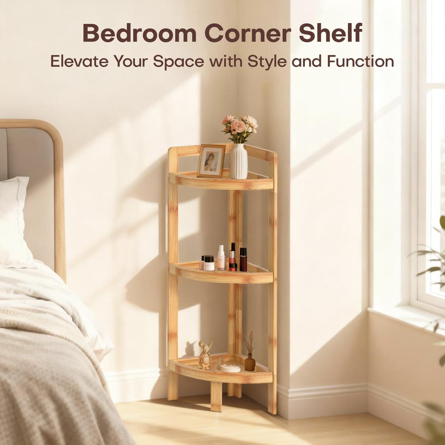2026 New Bamboo Standing Shelf, 3 Tier Corner Shelf Stand, Free-Standing Shelf Units, Triangular Curved Corner Shelf Stand for Space-Saaving Display Ideal for Bathroom/Kitchen/Living Room Storage