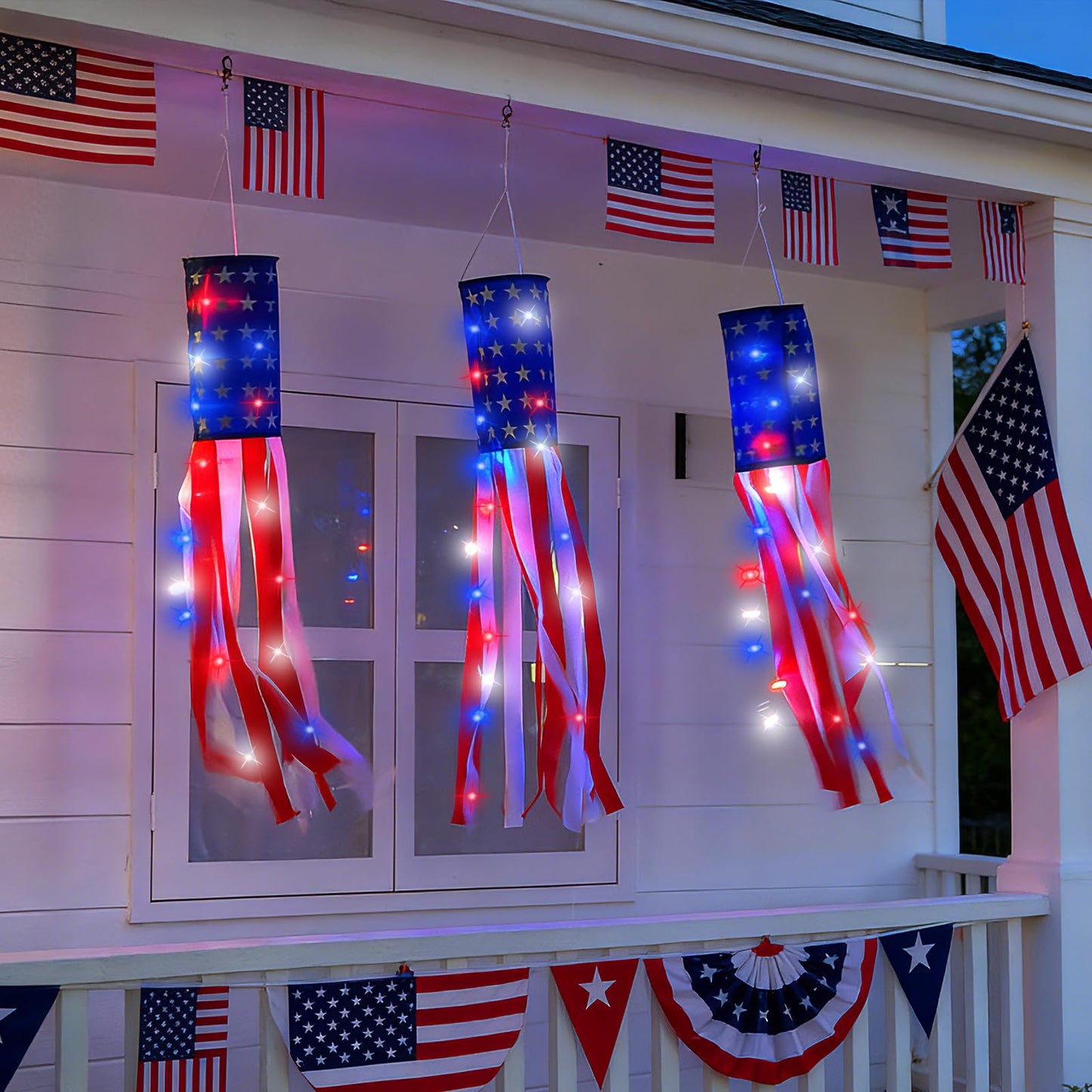 3 Pack 40" American Flag Windsock with Lights 4th of July Decorations, 250th Anniversary USA Red White Blue Star Stripes Patriotic Windsock Memorial Day Independence Day Fourth of July Outdoor Decor