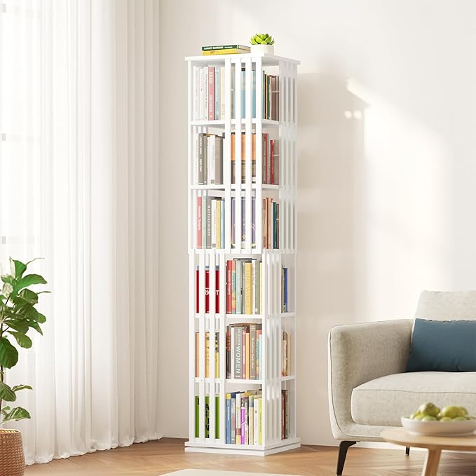 SpaceAid 6 Tier Rotating Bookshelf Tower, Bamboo Spinning Book Shelf, Revolving