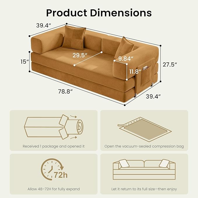 78.8" Convertible Futon Sofa Bed, Corduroy Futon Couch