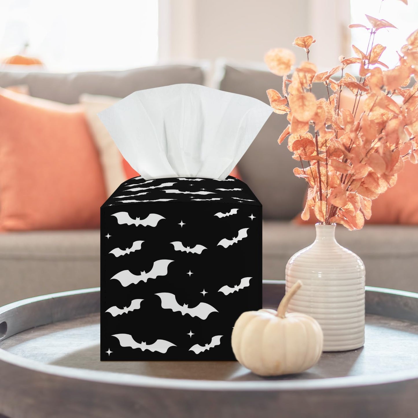 Black Bat Tissue Box Covers Square, Leather Tissue Holders Decorative for Home Office Kitchen Bathroom Organizer, Square Facial Paper Organizer Halloween Home Decor -003