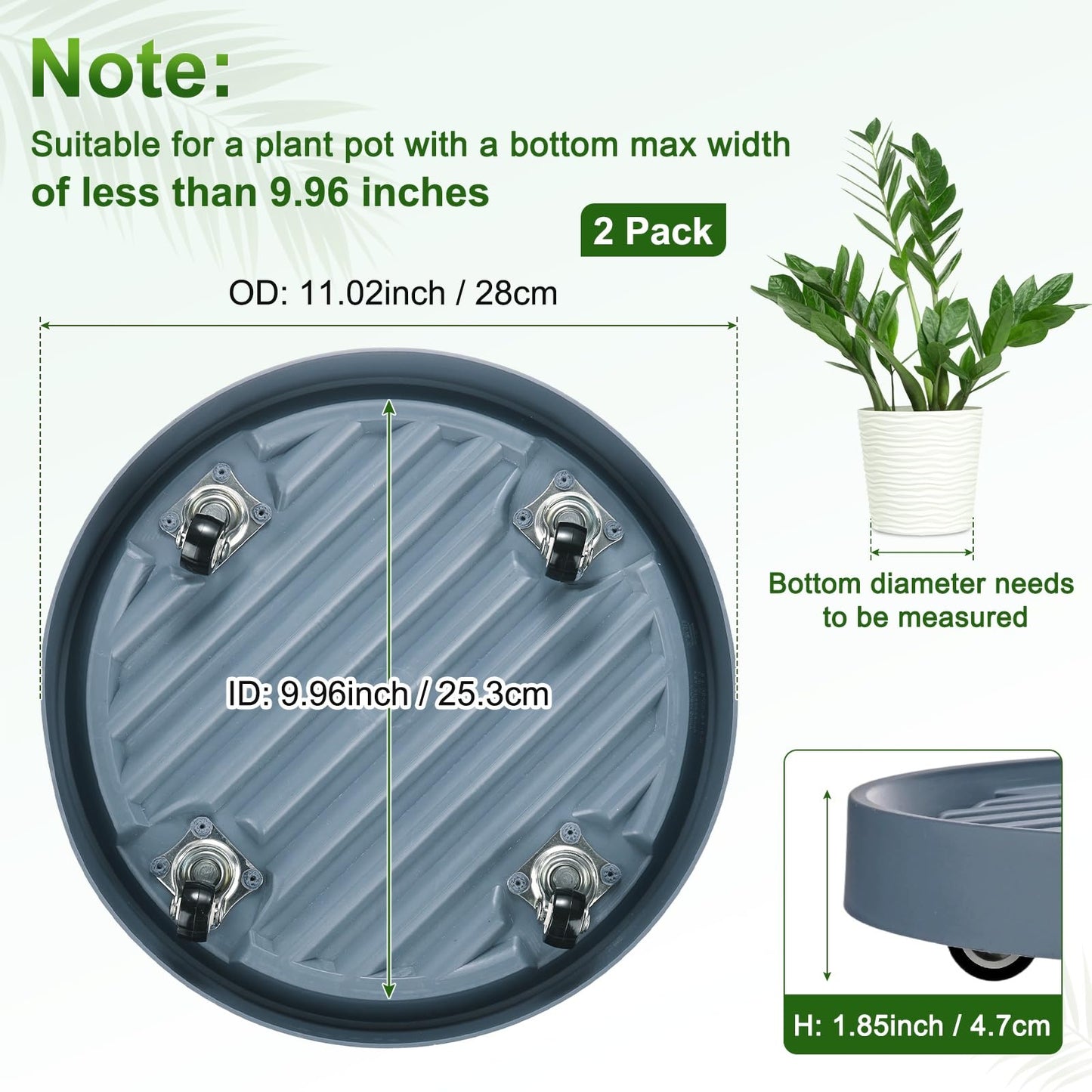 M METERXITY 2-Pack Plant Stand with Invisible Wheels, 11.02 Inch/28 cm OD Plastic Heavy Duty Rolling Plant Stand for Indoor and Outdoor [9.96 Inch/25.3cm ID, Gray]