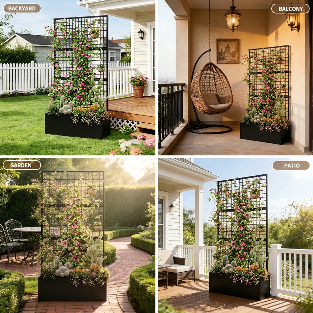Privacy Planters for Patio – Metal Raised Garden Bed with Trellis and Privacy Screen, 71" x 35" x 16" Planter Box with Drainage Holes for Climbing Plants, Vegetables, and Vines, Outdoor Backyard Black