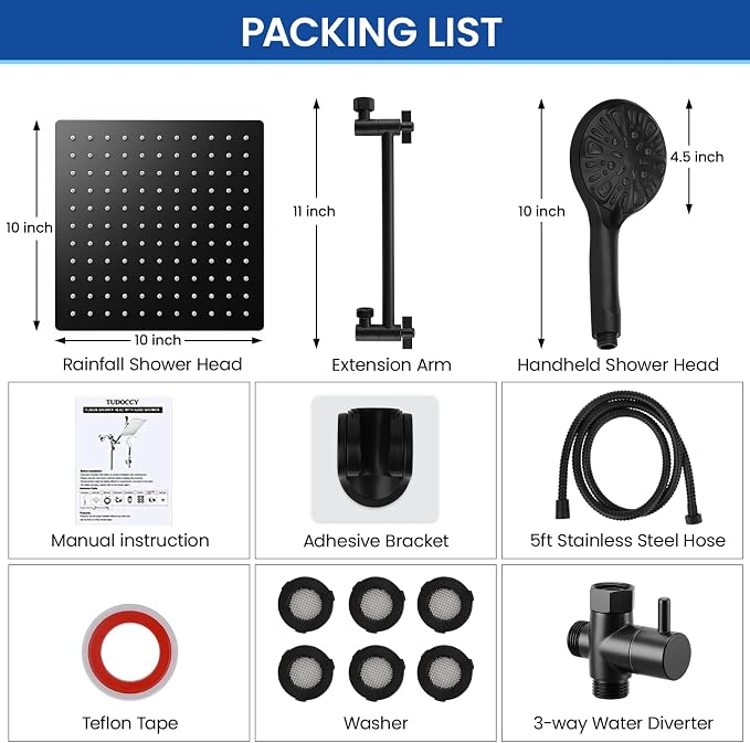 Shower Head 10‘’ High Pressure Rainfall Shower Head/Handheld Shower Combo with 11'' Extension Arm, 9 Settings Anti-leak Head with Holder, Height/Angle Adjustable, Chrome, Matte Black