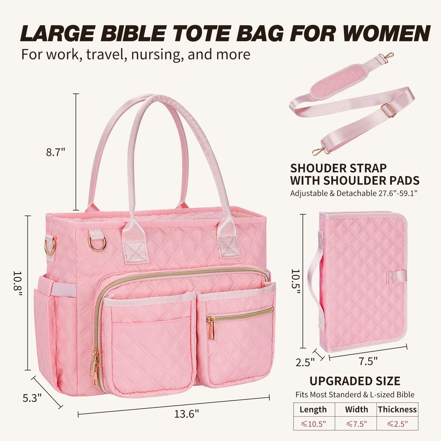 KOPKOFT Large Bible Cover Case for Women, Quilted Church Tote Bag with Shoulder Strap, Bible Study Supplies Journaling Kit Bible Accessories, Christmas Christian Gift for Women (Pink)