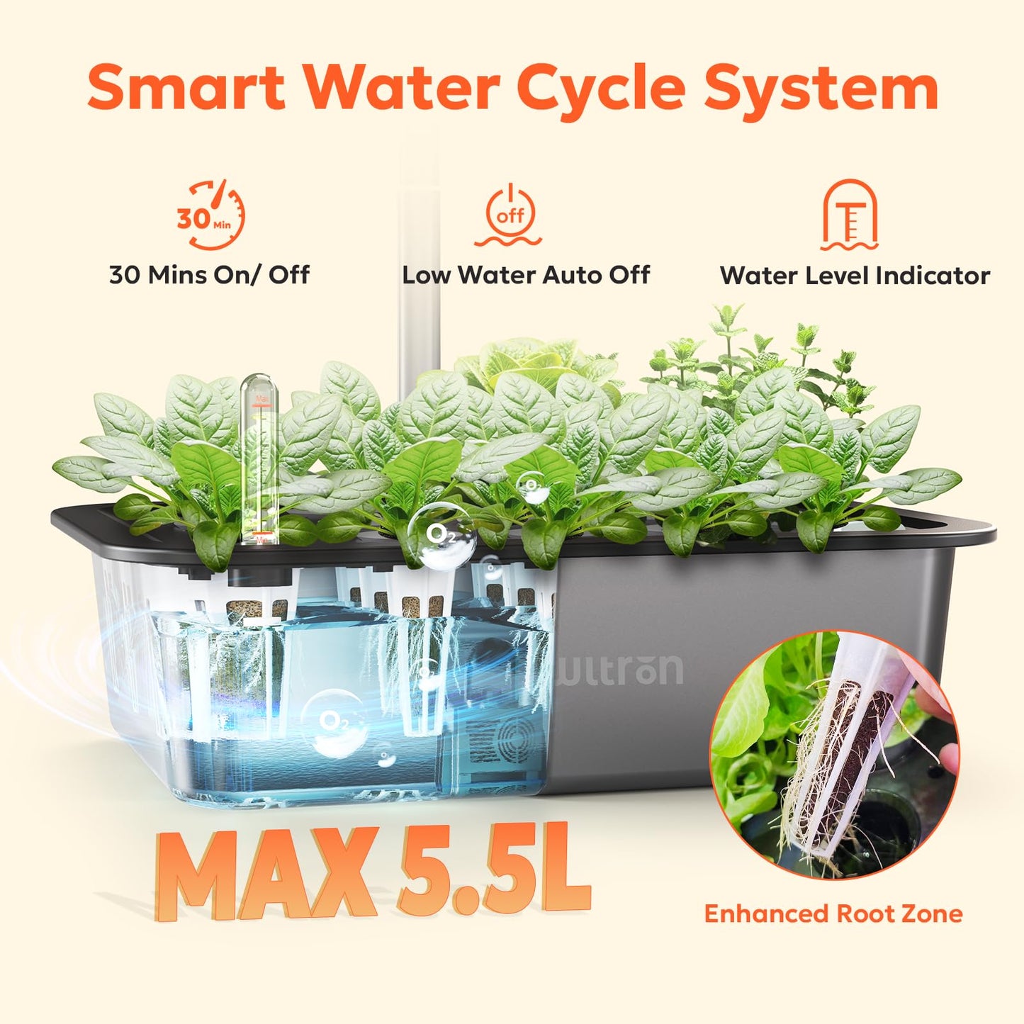 owltron Smart Hydroponics Growing System Kit,15 Pods Indoor Herb Garden with 36W LED Grow Light & APP Control, Planting Height Up to 30", Quiet Water Pump, Ideal Gift for All Ages Dark Silver