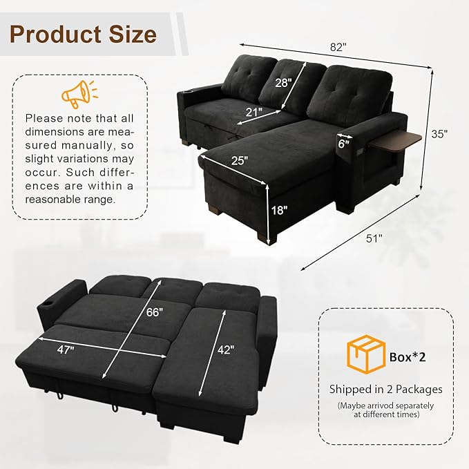 KCGKCG 82" L Shaped Sleeper Sofa Bed, Pull Out Sectional Couch